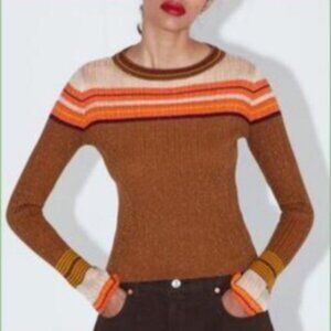 Zara Sparkly Knit Sweater Medium Knit Long Sleeve Ribbed Metallic Brown Orange